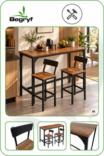 BAROVÝ SET stůl a 2 židle s opěradlem, industriální styl LOFT, HNĚDÝ