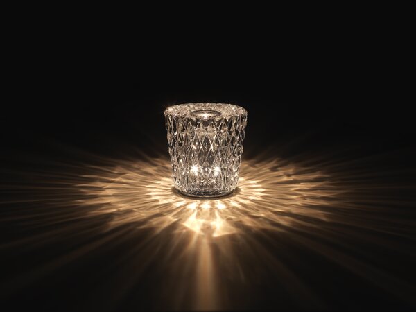 Ambientec Gacrux, bateriová lampička z křišťálového skla, LED 2000K dotykové stmívání, Ø8x8,2cm, IP66