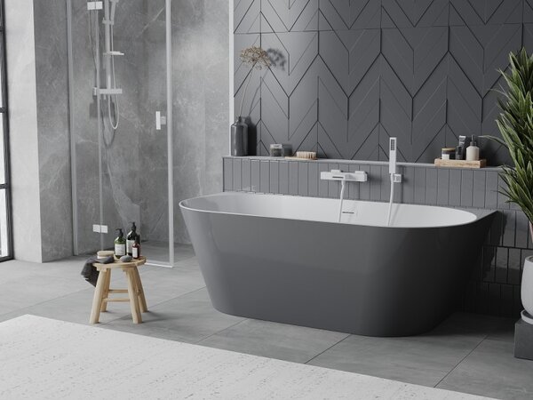 Mexen Oval Slim, volně stojící vana ke zdi, 170 x 80 cm, bílá-šedá, bílý přepad, 52661708062-20