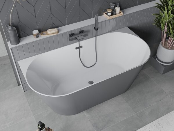 Mexen Oval Slim, volně stojící vana ke stěně, 170 x 80 cm, bílá-šedá, broušený grafit přepad, 52661708062-66