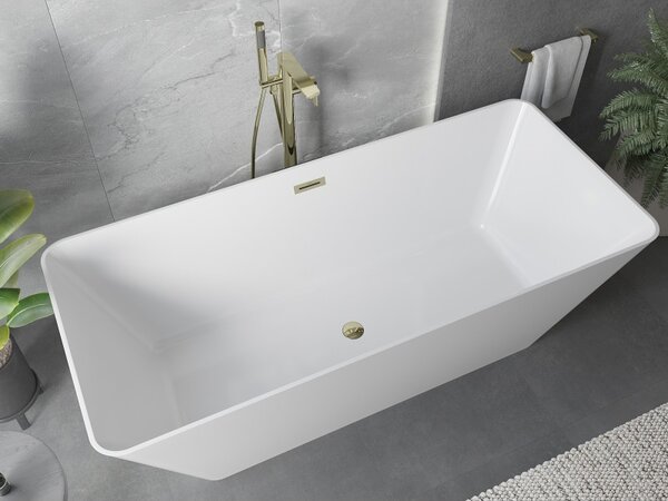 Mexen Velo Slim, volně stojící vana 170 × 75 cm, bílá lesklá, zlatý lesklý přepad, 52811707500-50