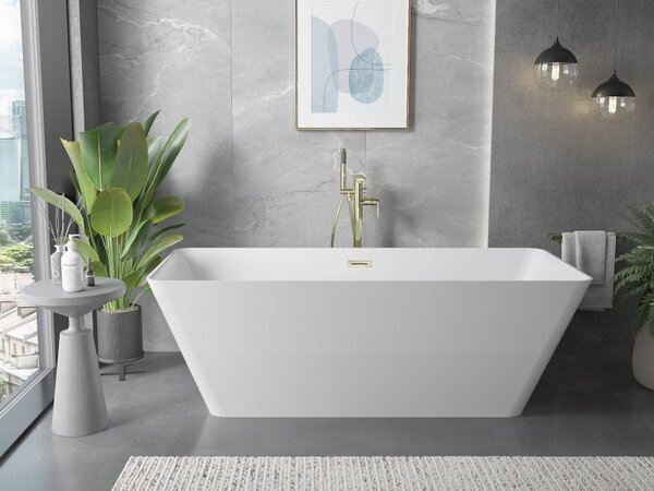 Mexen Velo Slim, volně stojící vana 170 × 75 cm, bílá lesklá, zlatý lesklý přepad, 52811707500-50
