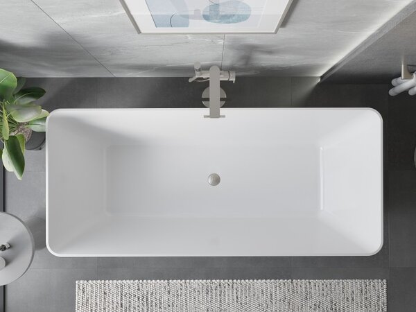 Mexen Velo Slim, volně stojící vana 170 × 75 cm, bílá lesklá, ocelový přepad, 52811707500-97