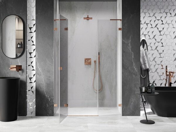 Mexen Lunar L, levé otočné sprchové dveře 150 cm, 8mm čiré sklo, růžové zlato profil, 834SL-150-050-60-00-L