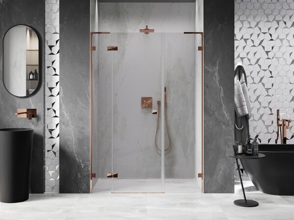 Mexen Lunar L, levé otočné sprchové dveře 150 cm, 8mm čiré sklo, růžové zlato profil, 834SL-150-050-60-00-L