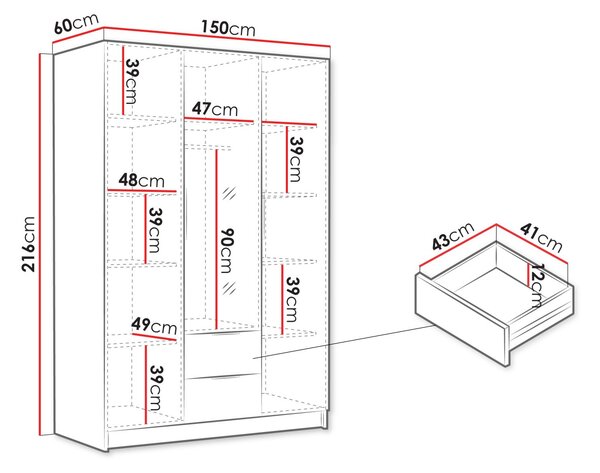Vysoká šatní skříň 150 cm se zrcadlem MARILA - kašmír / černá