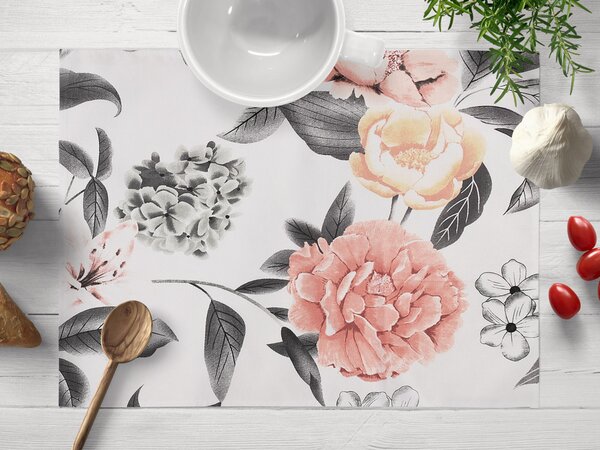 Biante Bavlněné prostírání na stůl Sandra SA-412 Velké růžovo-šedé květy na bílém 30x40 cm