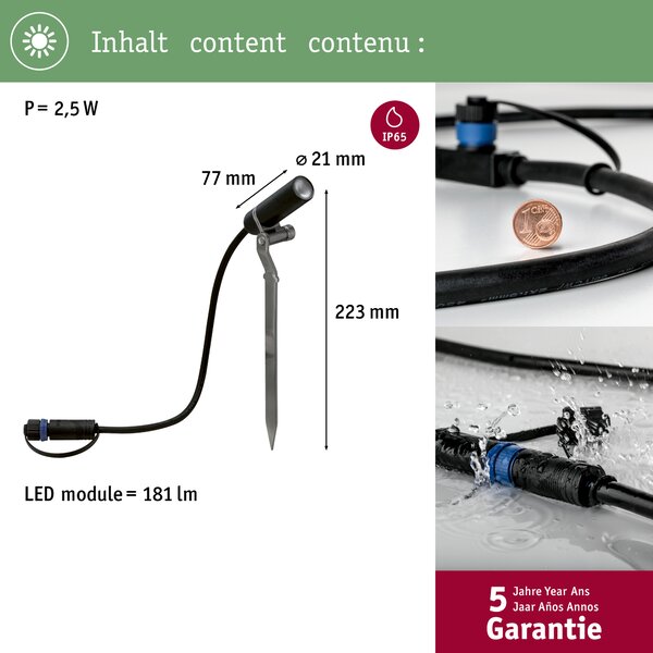 Paulmann 93997 Plug&Shine Plantini, zahradní reflektor 2,5W LED 3000K, antracit, IP67