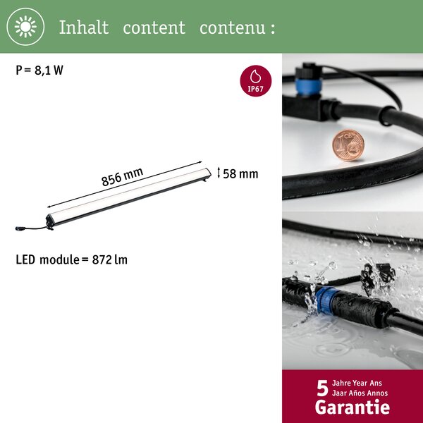Paulmann 93922 Plug&Shine SML, venkovní lineární svítidlo 8W LED 3000K, antracit, délka 85,6cm, IP67