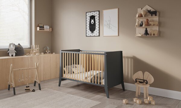 Postýlka Cosmo 60x120 cm Antracit s přírodním dřevem - Stylová a pevná Druh matrace: bez matrace