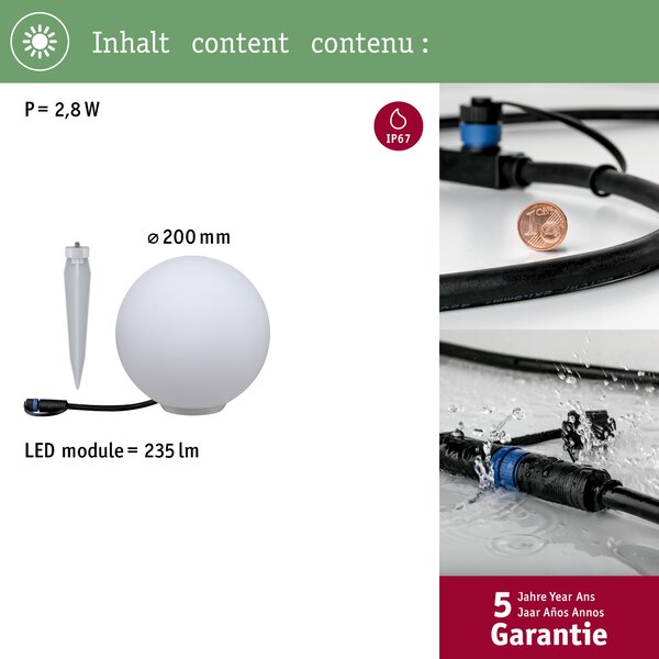 Paulmann 94177 Plug&Shine Globe, venkovní světelný objekt 2,8W LED 3000K, prům.20cm, IP67