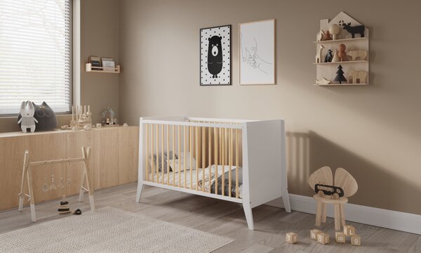 Dětská postýlka Cosmo 60x120cm - Bílá s přírodním dřevem, Stylová Druh matrace: bez matrace
