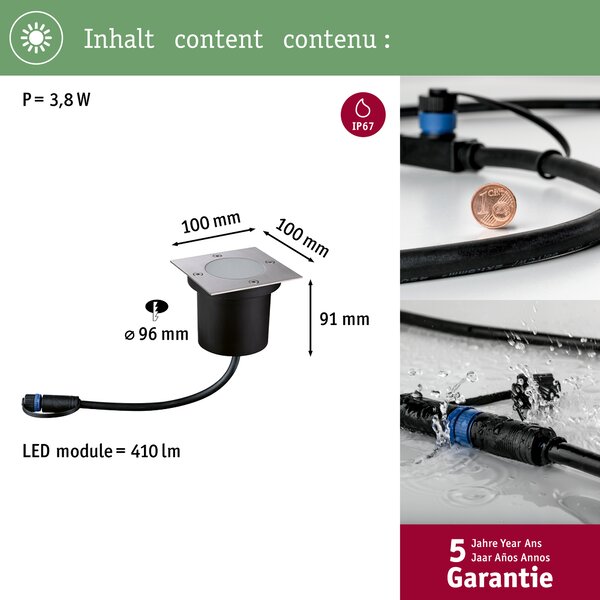 Paulmann 94227 Plug&Shine zápustné venkovní svítidlo 3,6W LED 3000K, 10x10 cm, IP65
