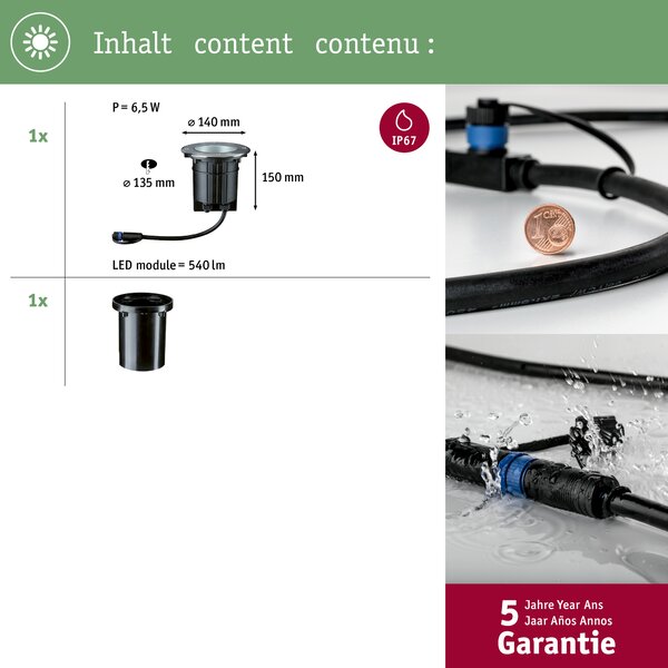 Paulmann 93907 Plug&Shine zápustné svítidlo s nastavitelným směrem svícení 6W LED 3000K, nerez, prům. 14cm, IP67