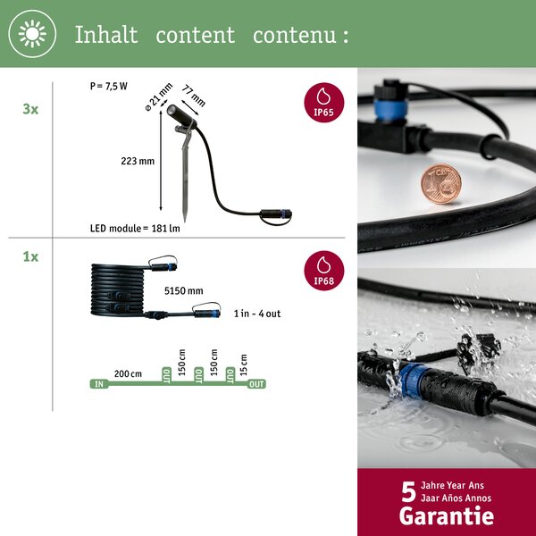 Paulmann 94156 Plug&Shine Plantini, rozšiřující set zahradních reflektorů 3x2,5W LED 3000K stmívatelné, IP65