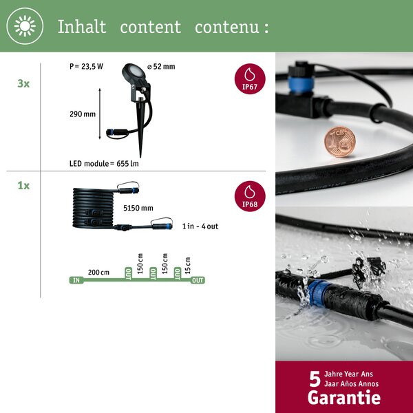 Paulmann 93689 Plug&Shine Sting, rozšiřovací set zahradních reflektorů 3x6W LED 3000K stmívatelné, IP67