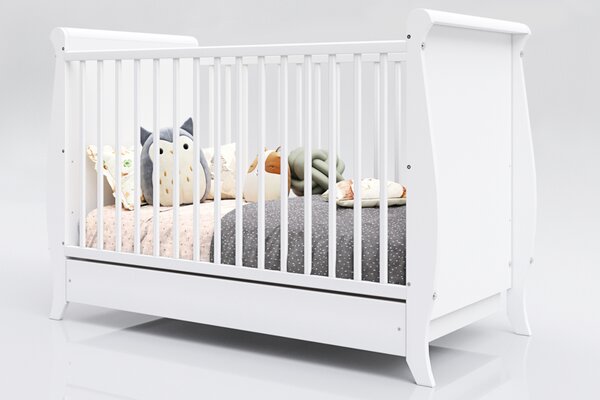 Dětská postýlka bílá "Míša" se zásuvkou – elegance a funkčnost Druh matrace: pěnová matrace 60x120x7cm + 599kč