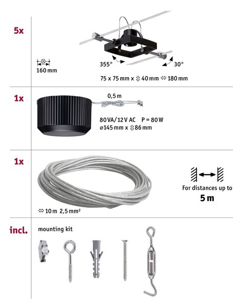 Paulmann 94290 Mac2, lankový systém, 5x max 10W LED 12V, černá, 500cm