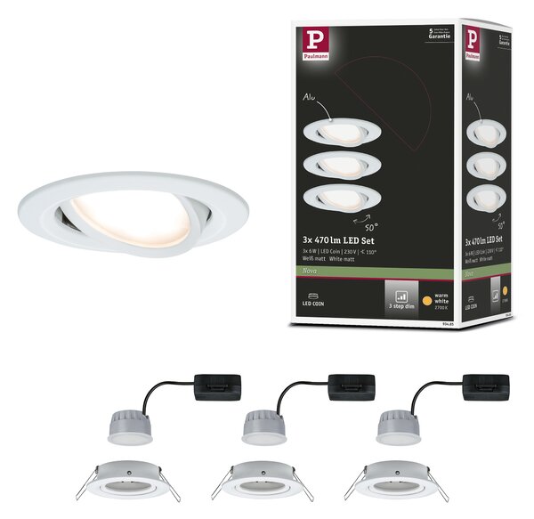 Paulmann 93485 LED Coin Nova round, set kulatých bodovek v bílé úpravě, 3x6W LED 2700K tříkrokové stmívání, prům.8,4cm