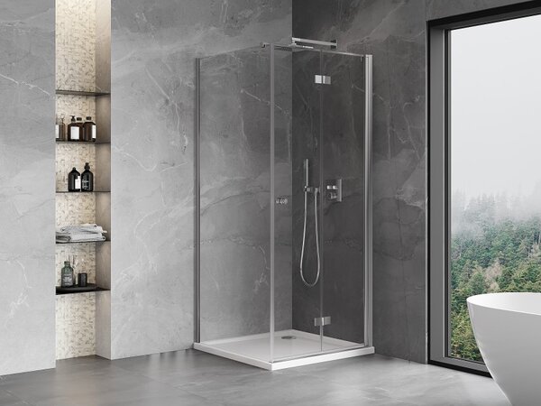 Mexen Mist-F T, 1-křídlý ​​skládací sprchový kout pravý 75 x 75 cm, čiré sklo, chromový profil, 8A6T-075-075-01-00-P