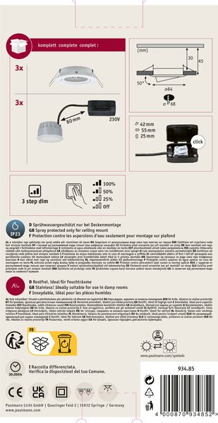 Paulmann 93485 LED Coin Nova round, set kulatých bodovek v bílé úpravě, 3x6W LED 2700K tříkrokové stmívání, prům.8,4cm
