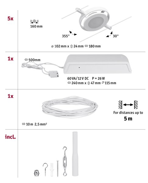 Paulmann 94416 CorDuo RoundMac, sada lankové LED osvětlení, 5x4,5W LED 3000K, bílá/chrom, délka 500cm