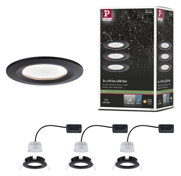 Paulmann 94474 LED Coin Nova round, set kulatých bodovek v černé úpravě, LED 3x6W 2700K tříkrokové stmívání, prům. 7,8cm