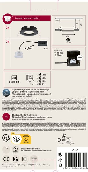 Paulmann 94474 LED Coin Nova round, set kulatých bodovek v černé úpravě, LED 3x6W 2700K tříkrokové stmívání, prům. 7,8cm