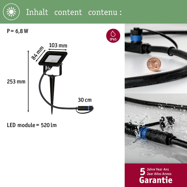 Paulmann 94574 Plug&Shine Ground Spike, zahradní reflektor LED 6,8W 3000K, černá, IP65