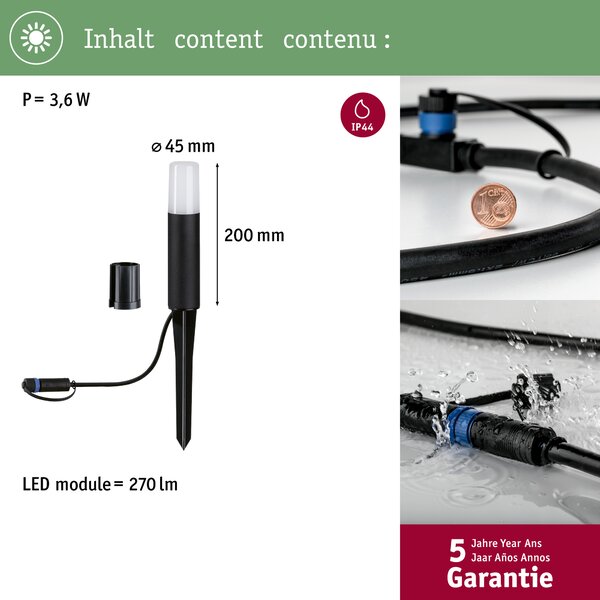 Paulmann 94533 Plug&Shine Flarea, vekovní černé sloupkové svítidlo LED 3,6W 3000K, výška 20cm , IP65