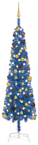Úzký vánoční stromek s LED a sadou koulí modrý 180 cm