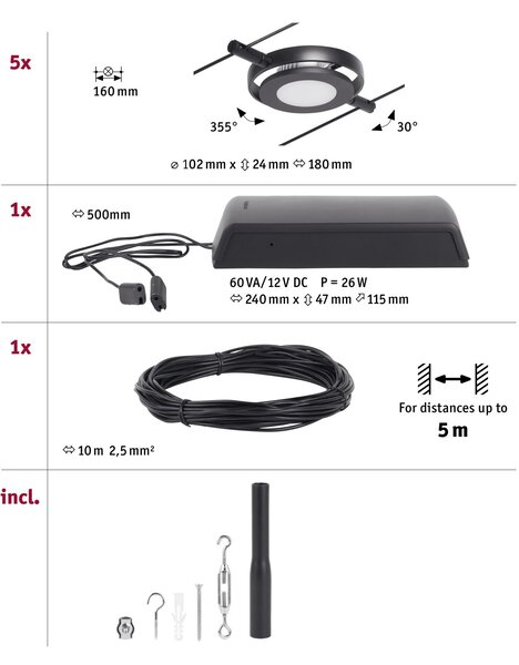 Paulmann 94418 CorDuo RoundMac, sada lankové LED osvětlení, 5x4,5W LED 3000K, černá, délka 500cm