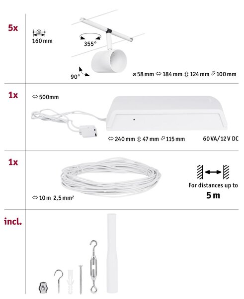 Paulmann 94467 CorDuo Cup Basic, bílý lankový systém, 5x max 10W LED 12V, 500cm