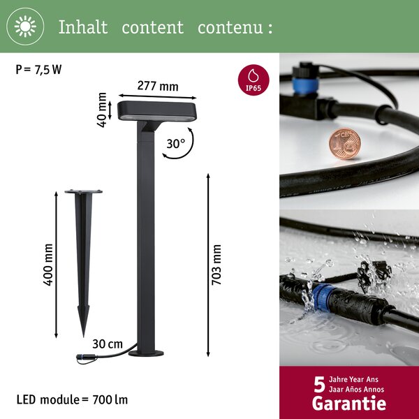Paulmann 94546 Plug&Shine Ito Horizontal, zahradní sloupek, 6W LED 3000K, antracit, výška 70cm, IP65