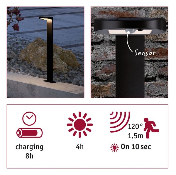 Paulmann 94249 Ryse, antracitové sloupkové solární svítidlo se senzorem, 1,2W LED 3000K, výška 79,6cm, IP44