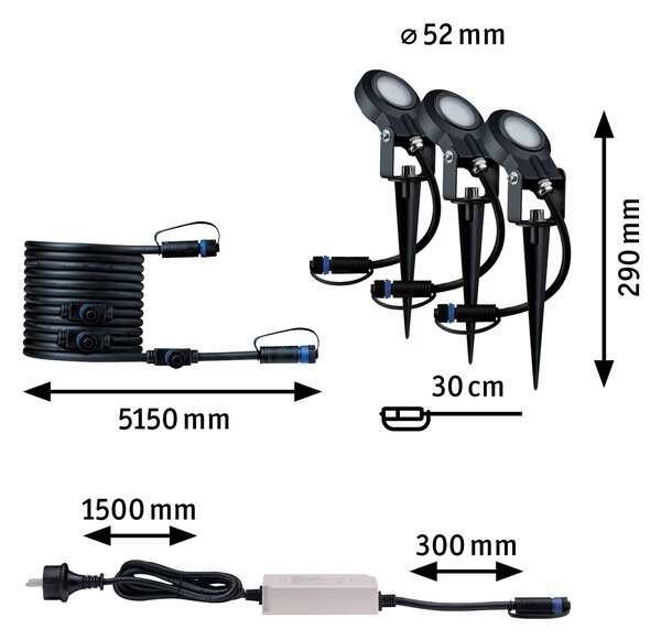 Paulmann 93696 Plug&Shine Sting, základní set zahradních reflektorů 3x6W LED 3000K stmívatelné, IP67