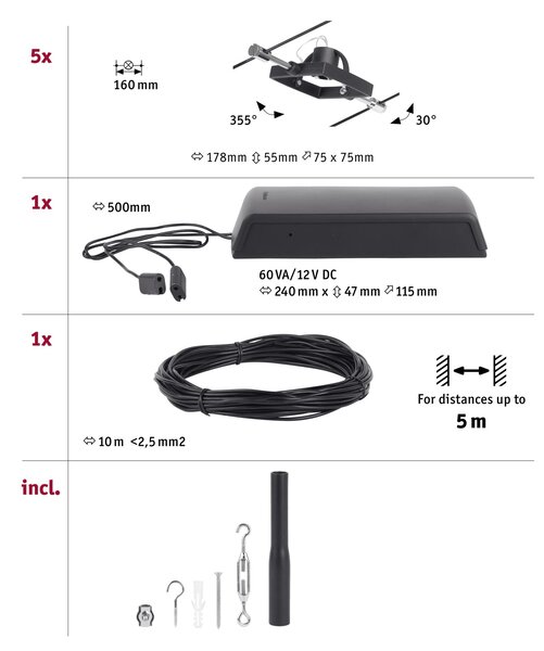 Paulmann 94434 CorDuo Set Mac II, černý lankový systém, 5x max 10W LED 12V, 500cm