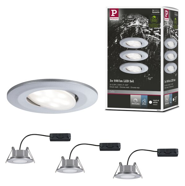 Paulmann 99933 Calla, set kulatých výklopných bodovek v úpravě kartáčovaný hliník, 3x5,2W LED 4000K, stmívatelné, prům.9cm, IP65