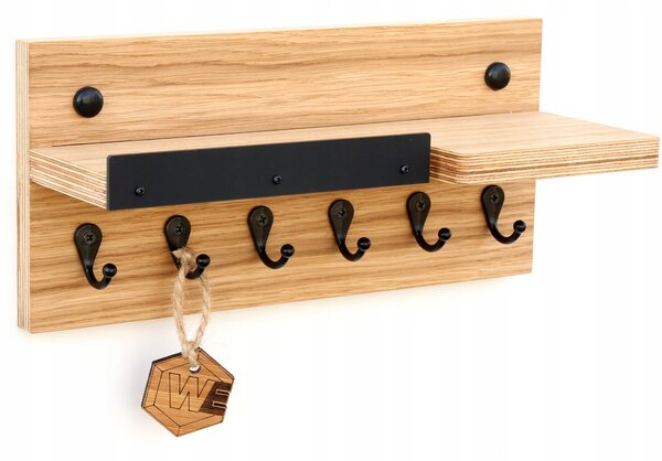 Nástěnná polička na klíče se 6 háčky – dřevěný organizér Wood Expert 30 cm