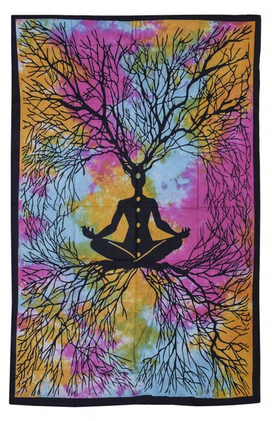 Přehoz s tiskem, Yogín a strom, barevná batika, 130x200 cm