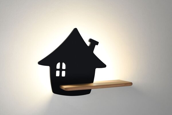 Dětská LED lampička na zeď s poličkou HOUSE - 4W, 4000K (denní bílá), černá