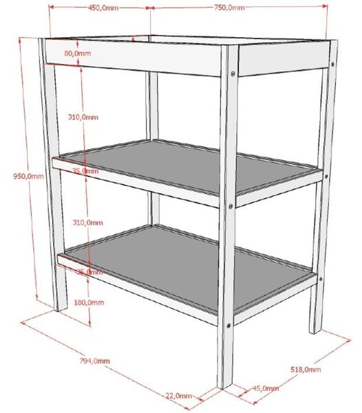 Vipack Dřevěný přebalovací pult Dino 80 x 52 cm
