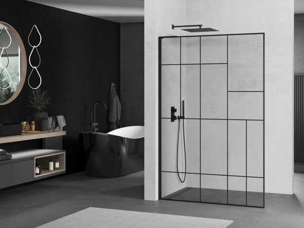 Mexen Kioto L, sprchová zástěna Walk-In 80 x 200 cm, 8mm čiré sklo černý vzor, ​​černý profil, 800-080-103-70-78