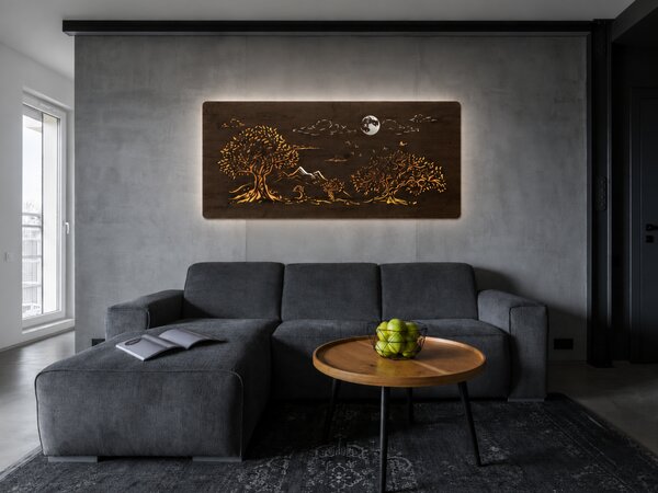 "Čtyři duby a měsíc" světelný obraz 230V 130x60 cm provedení povrchu: černá s patinou