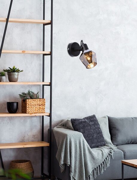 Moderní nástěnné bodové svítidlo RANDI - 1xE14, 40W, černé / kouřové sklo