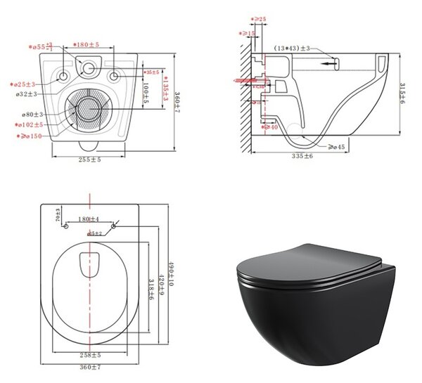 BPS-koupelny Závěsná WC mísa se SoftClose sedátkem NERO MTB 03, černá mat