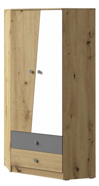 - Rohová šatní skříň 87 cm CHIMA - dub artisan / bílá / šedá
