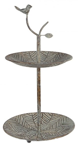 Kovový dvoupatrový stojan / etažér s ozdobou ve tvaru ptáčka Pimpelmees – 26x48 cm