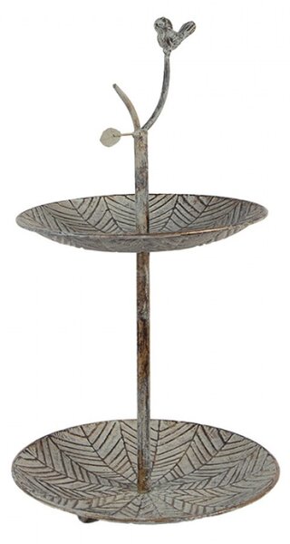 Kovový dvoupatrový stojan / etažér s ozdobou ve tvaru ptáčka Pimpelmees – 26x48 cm