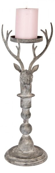 Šedý kovový svícen na vysoké noze ve tvaru jelena – 17x14x42 cm